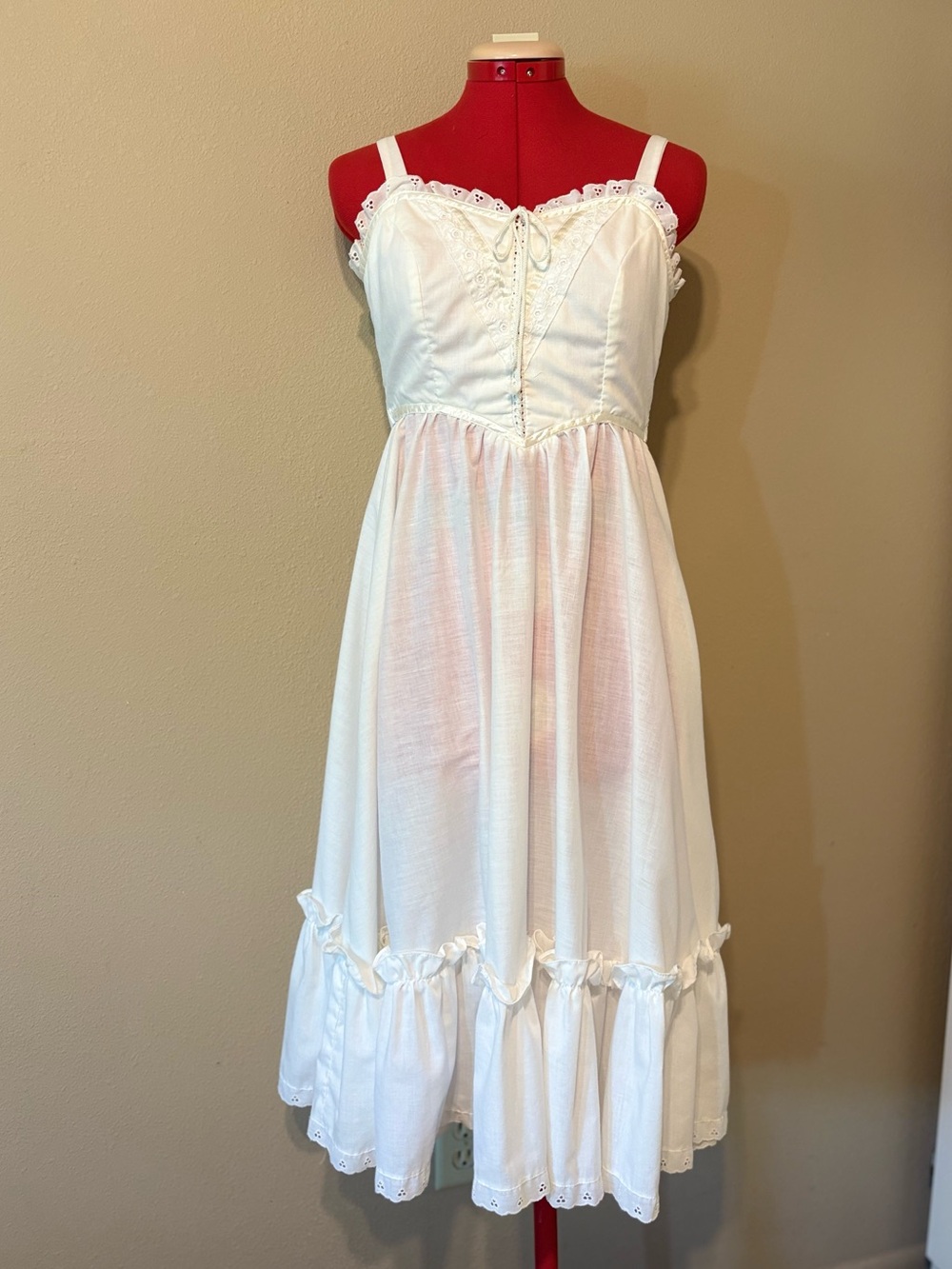 Gunne Sax Jessica White Lace Eyelet Prairie SunDress Lace Up Corset Bustier sz S